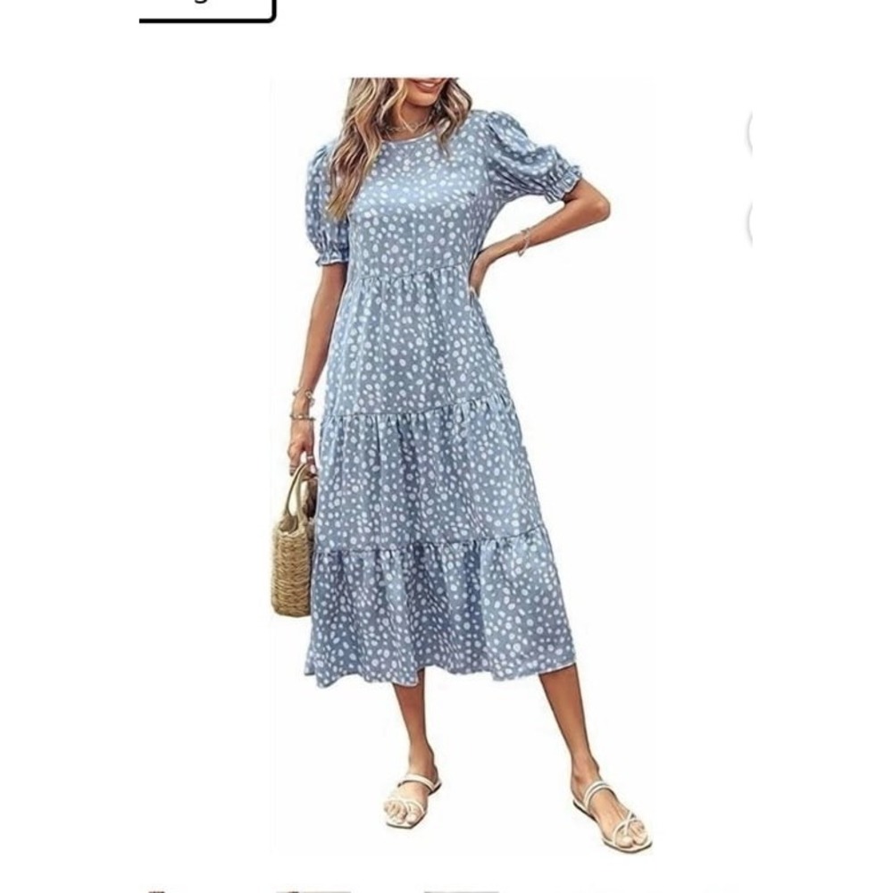 PrettyGarden tiered midi dress with a white polka dot pattern size Small